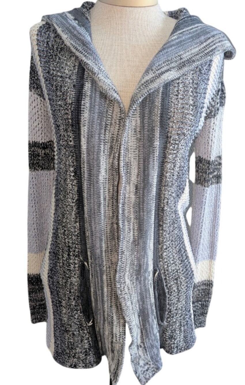 Womens Elan Cotton Open Front Hooded Striped Cardigan Gray White Black Sz S